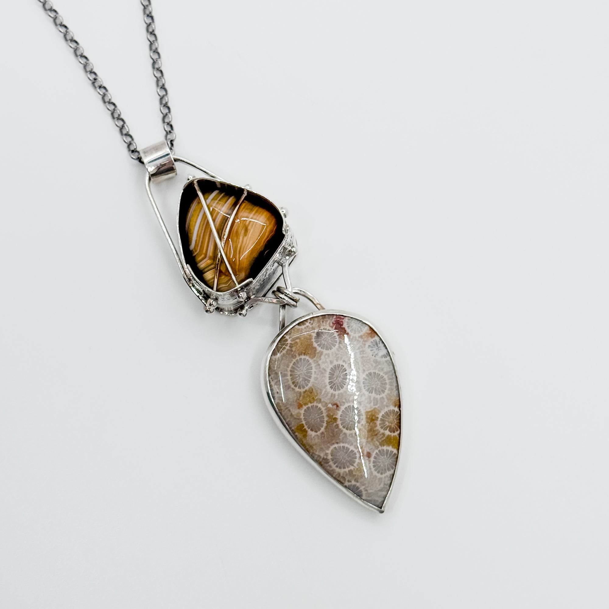 Cross Caged Botswana Agate with Fossilized Coral Teardrop Pendant necklace