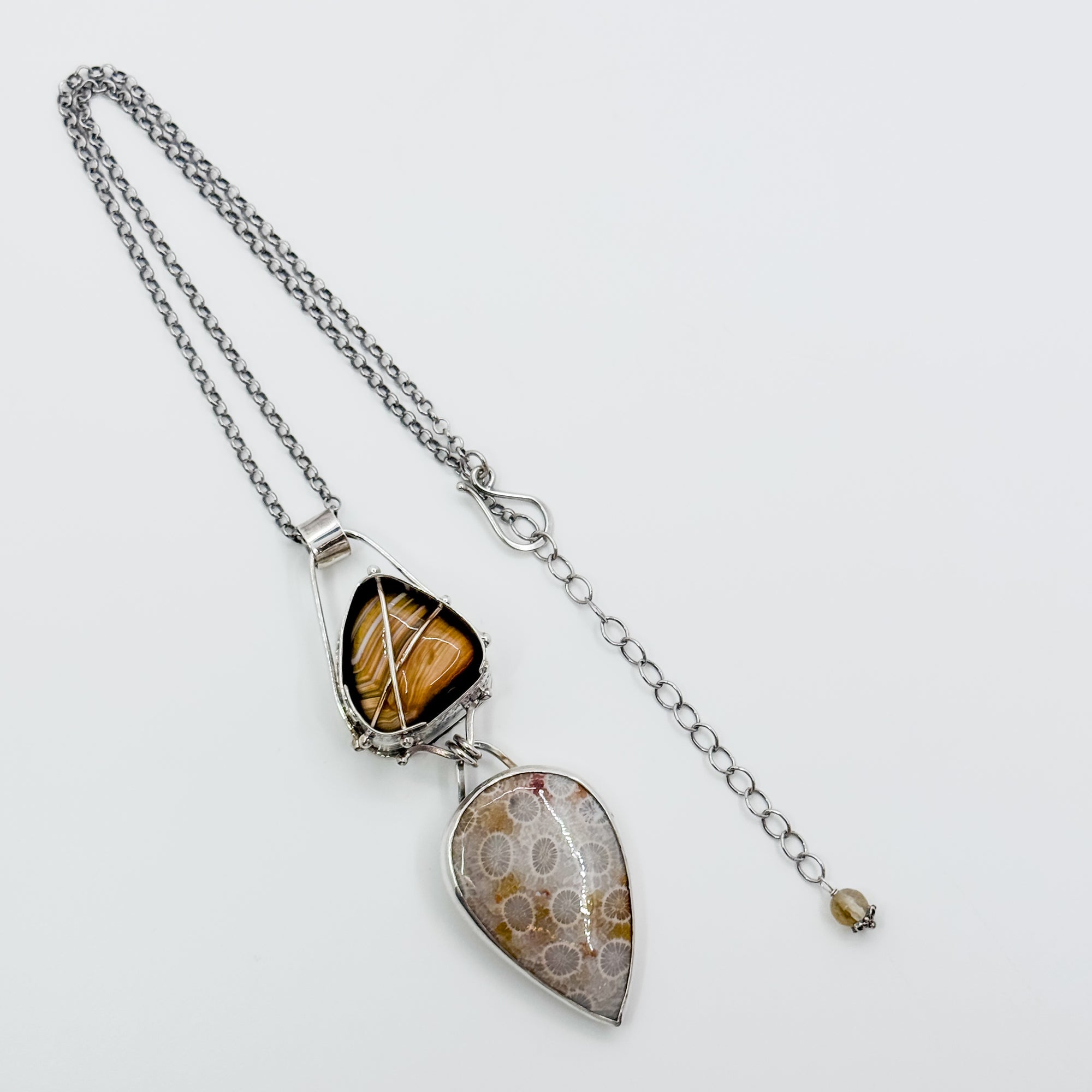 Cross Caged Botswana Agate with Fossilized Coral Teardrop Pendant necklace