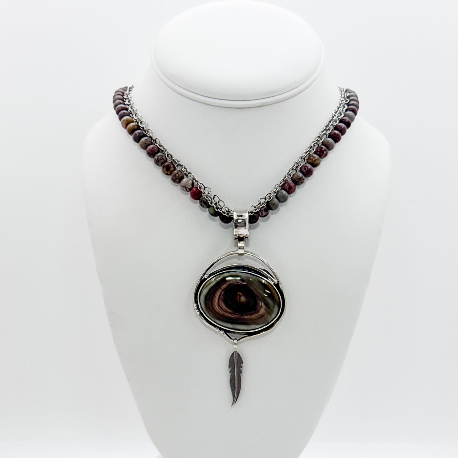 Imperial Jasper with feather, tube bale on Jasper Bead necklace