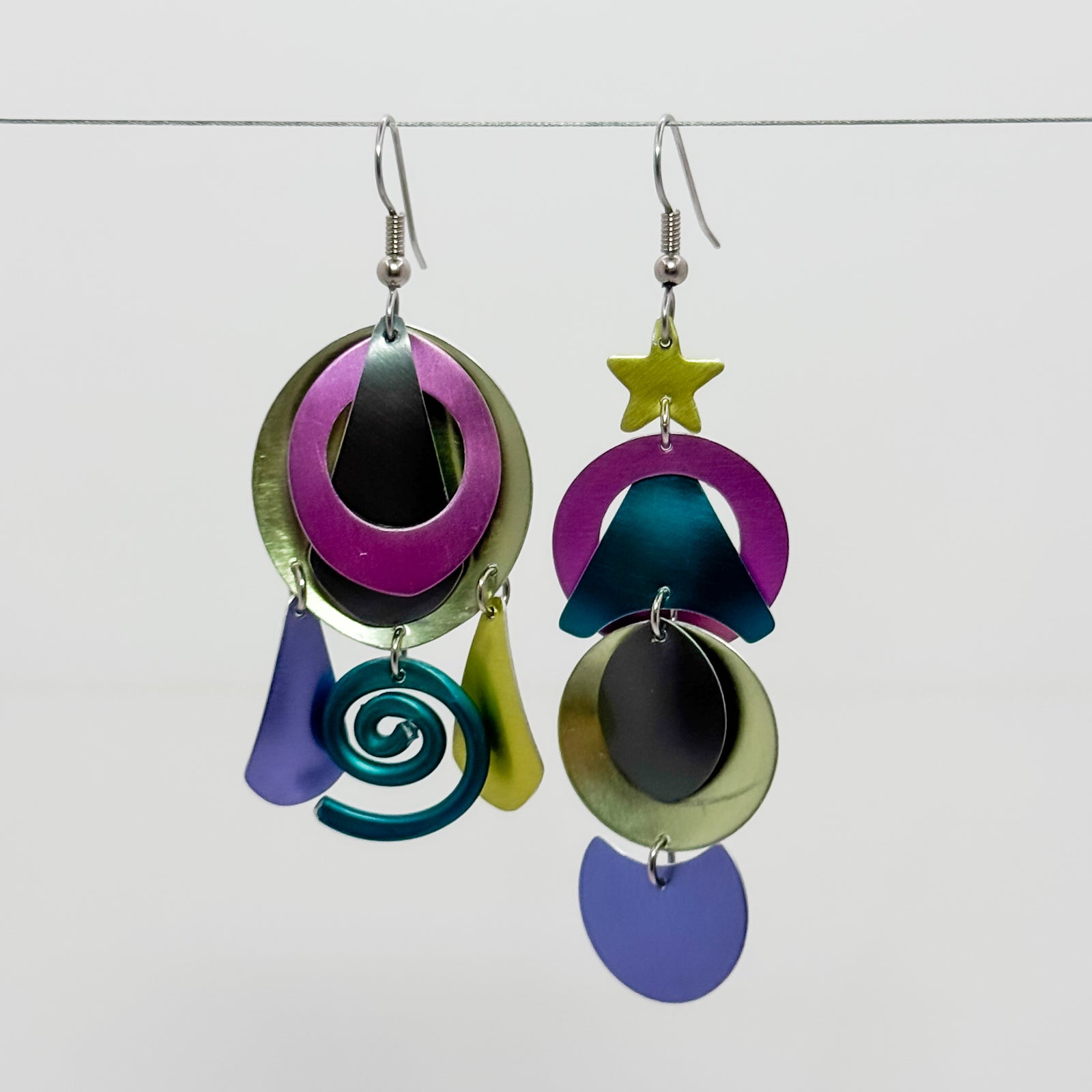 N12, pink, lavender, green ovals, star, circle earrings