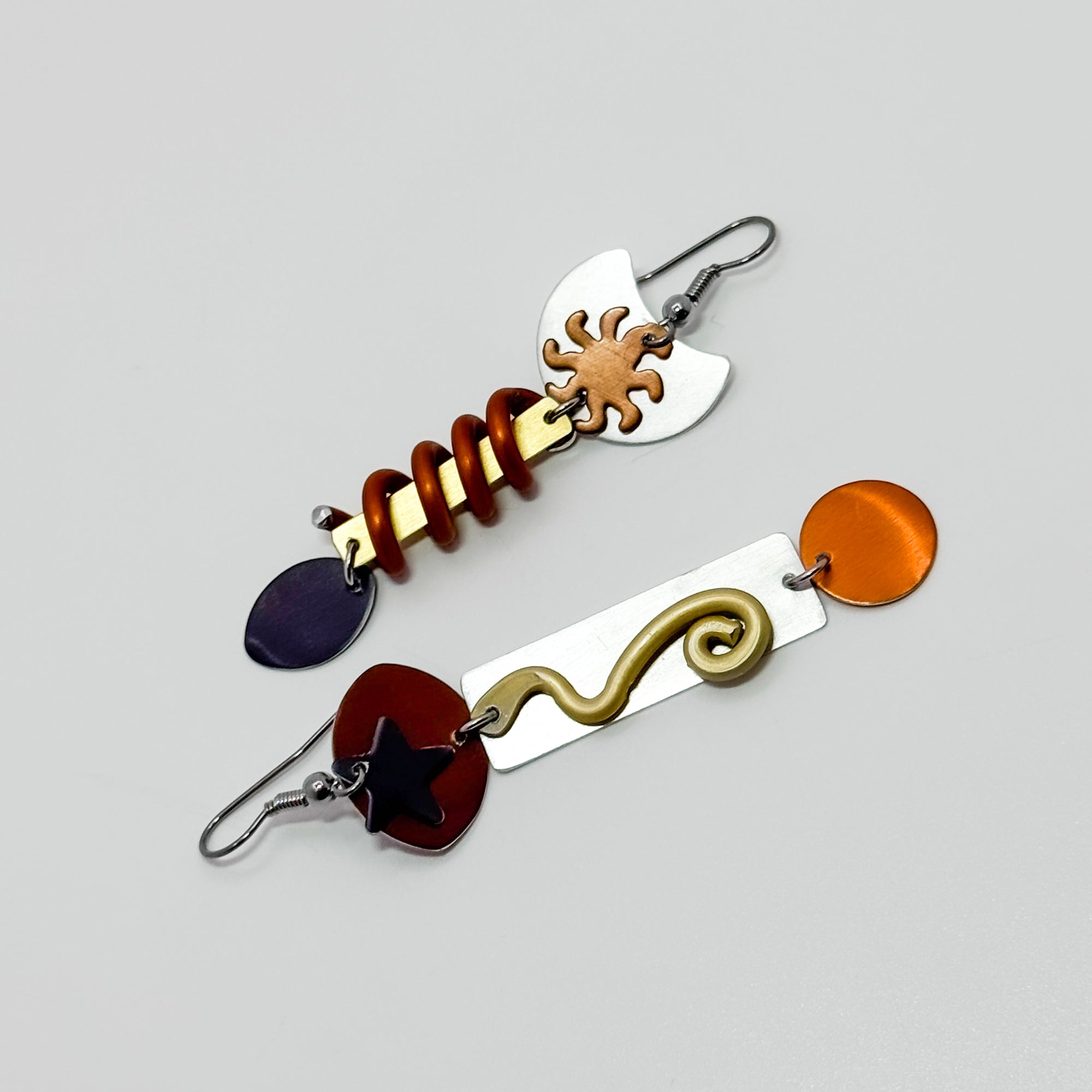 IO2, copper, gold, silver and brown shapes earrings