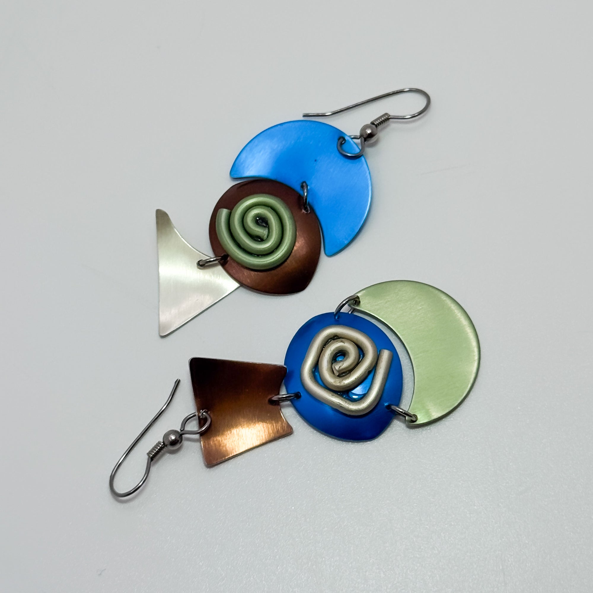 IM, green,blue and copper multi shapes earrings