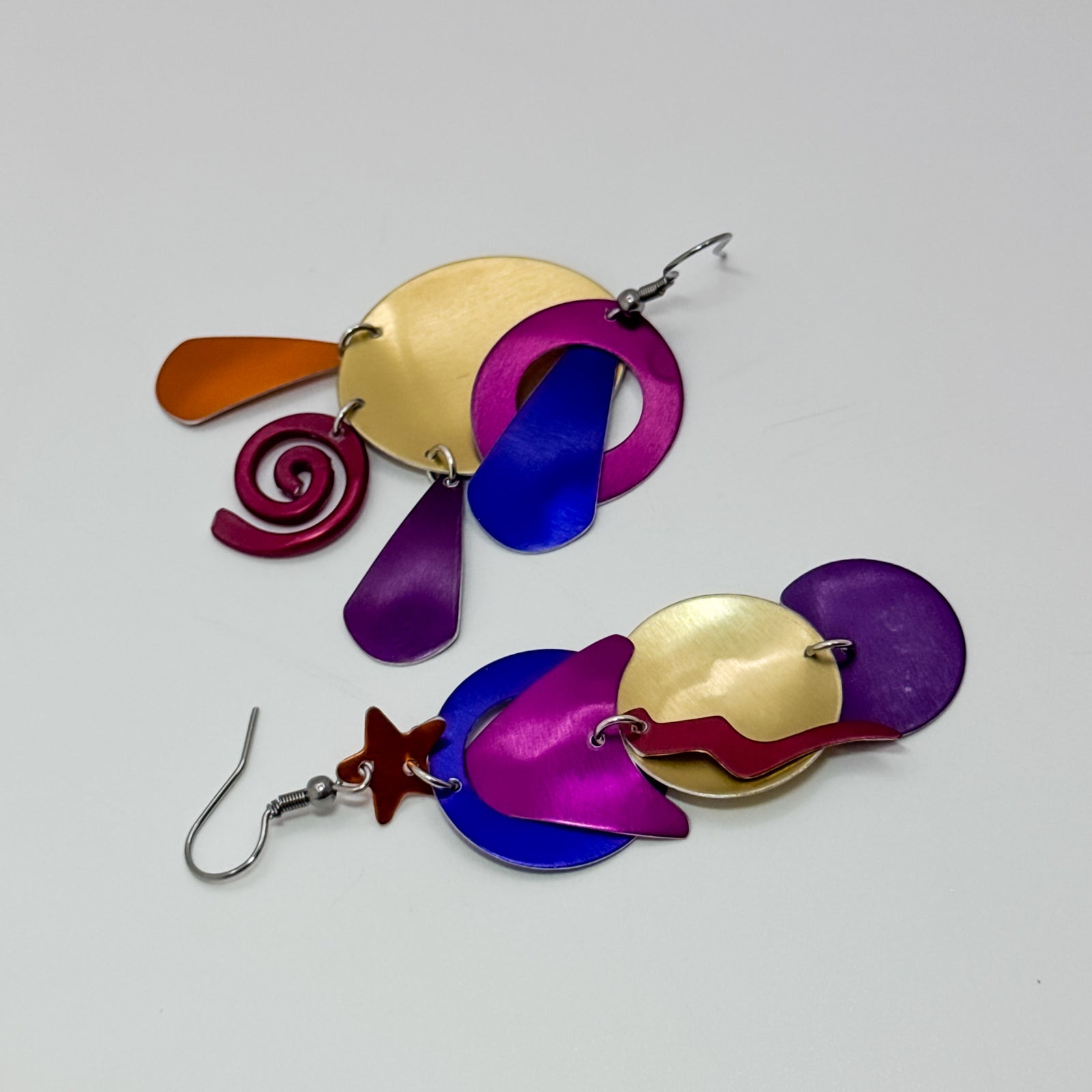 N13 Ant orange, blue, hot pink with gold disc earrings