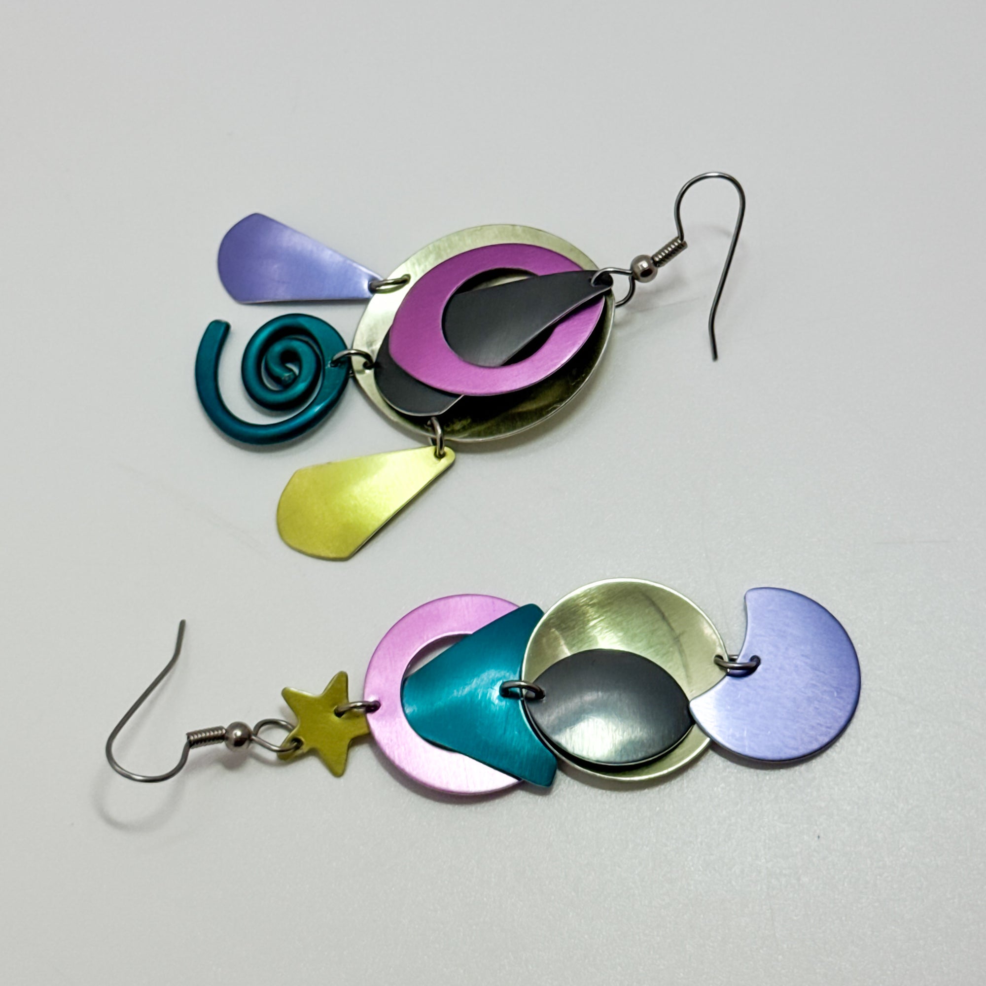 N12, pink, lavender, green ovals, star, circle earrings