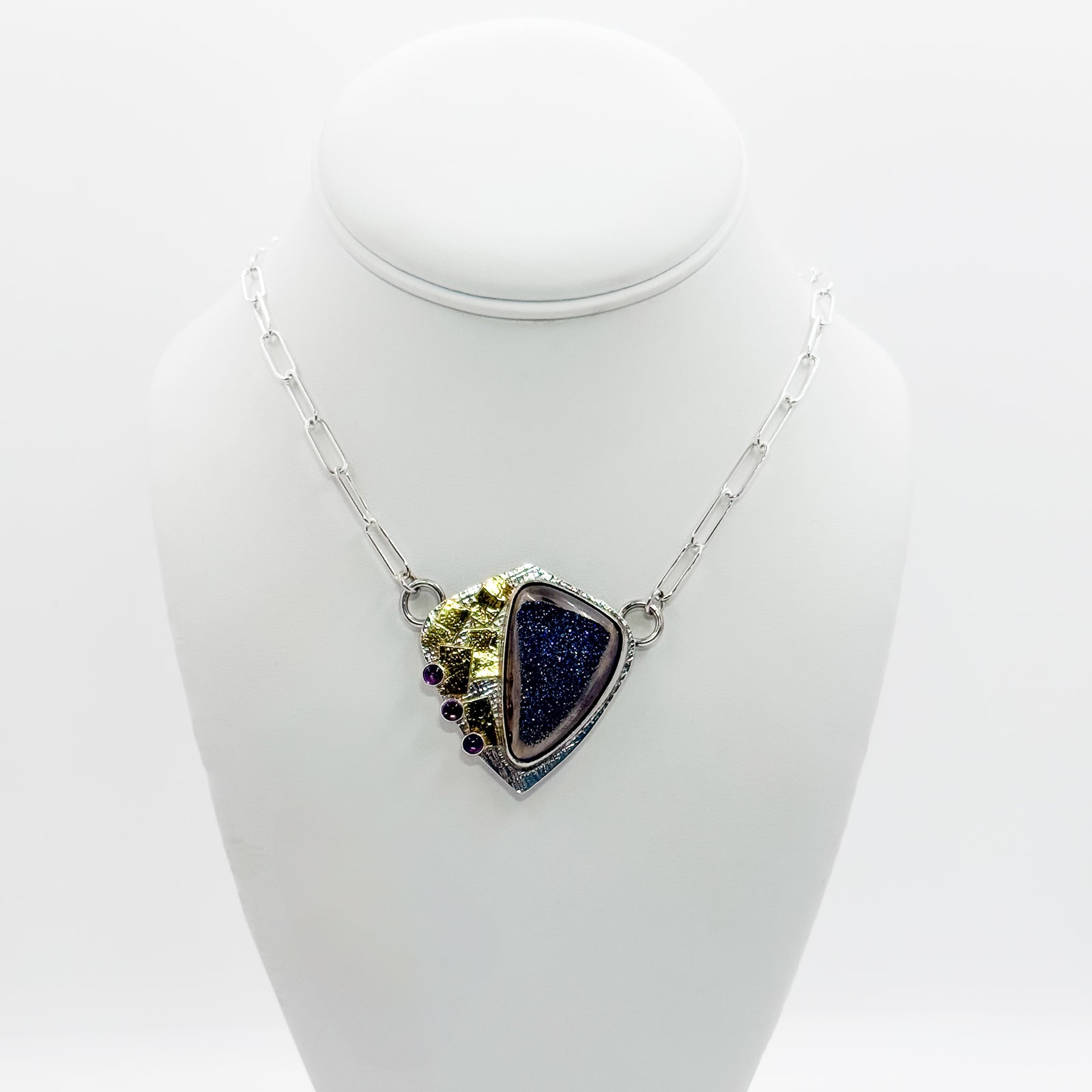 Blue Druzy pendant with gold squares and amethyst necklace