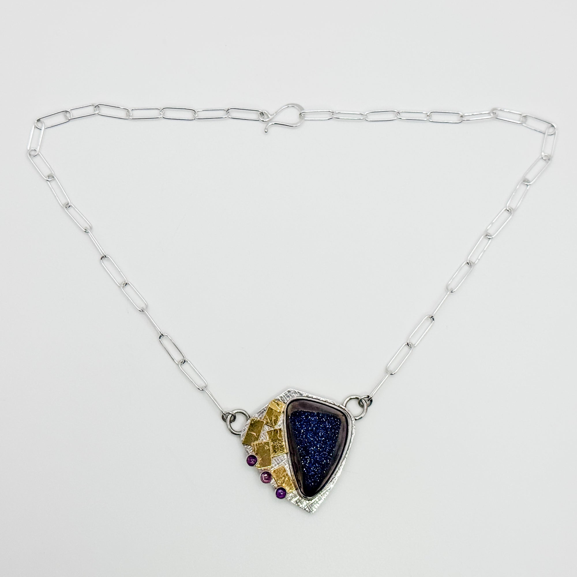 Blue Druzy pendant with gold squares and amethyst necklace