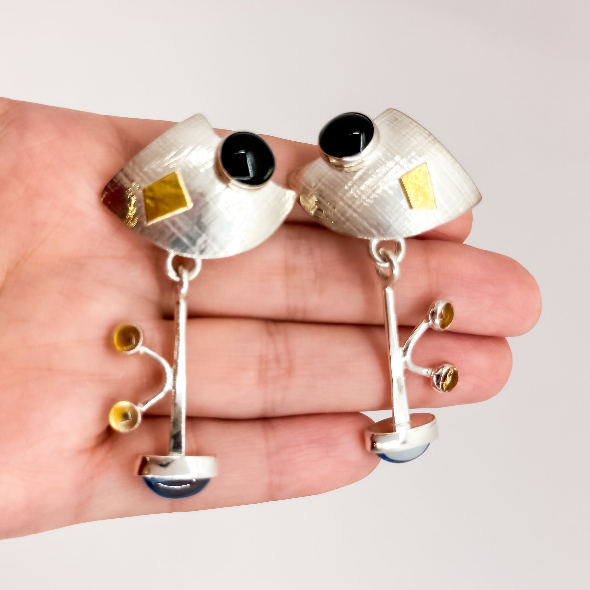 Becky Earrings with Black Onyx, Blue Topaz, Citrine