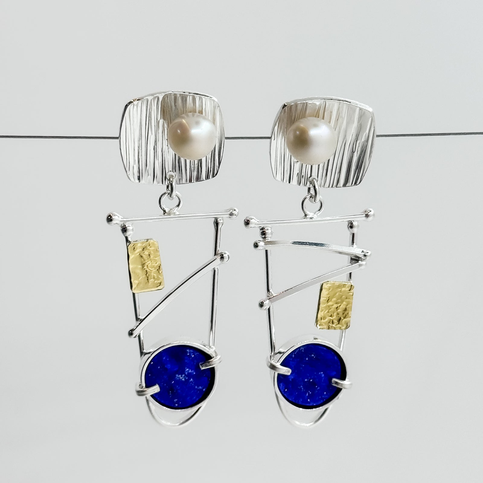 Natural Surface Lapis and White Button Pearl earrings