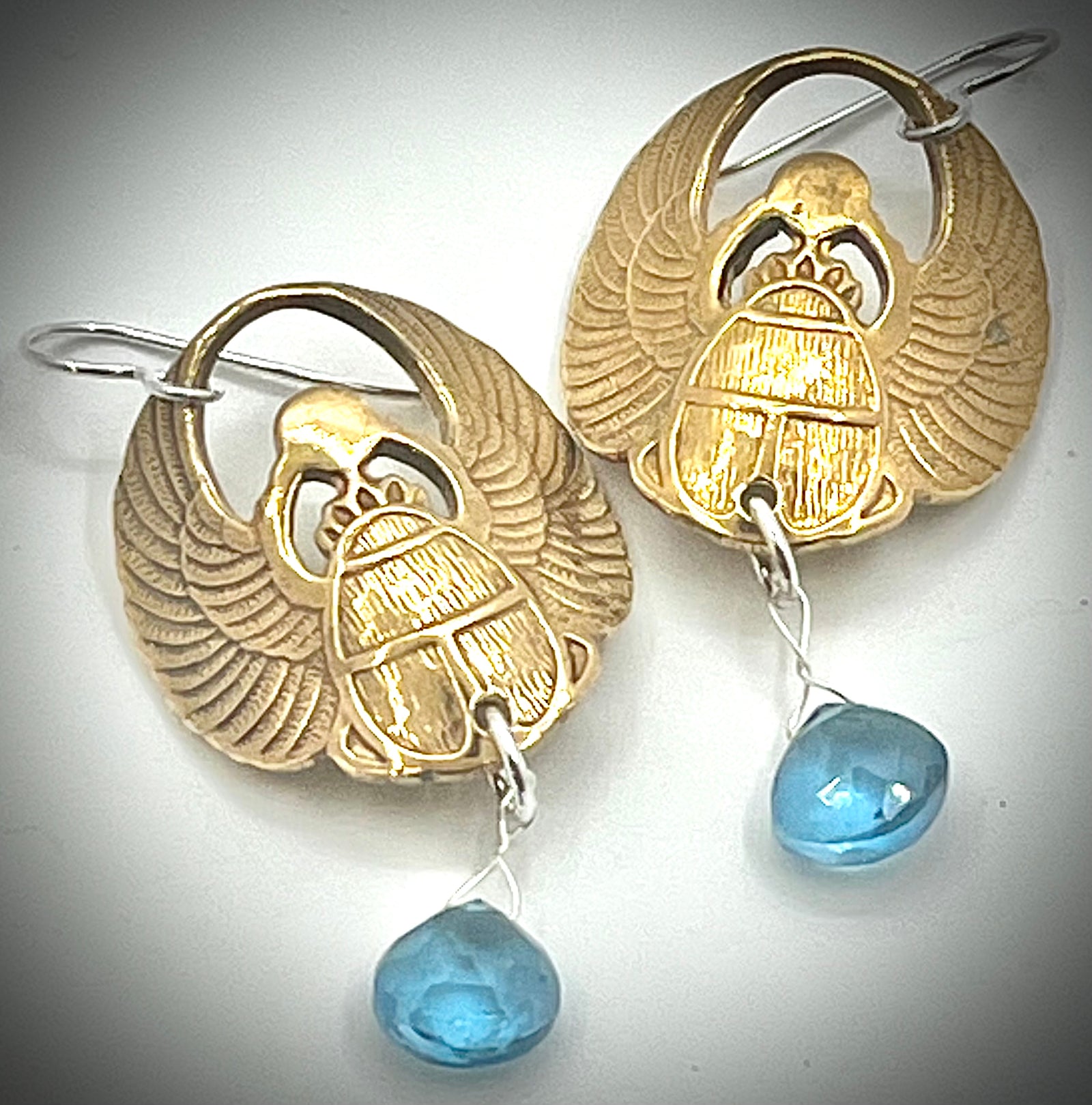 Brass Scarab Earrings with Swiss Blue Topaz