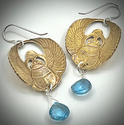Brass Scarab Earrings with Swiss Blue Topaz