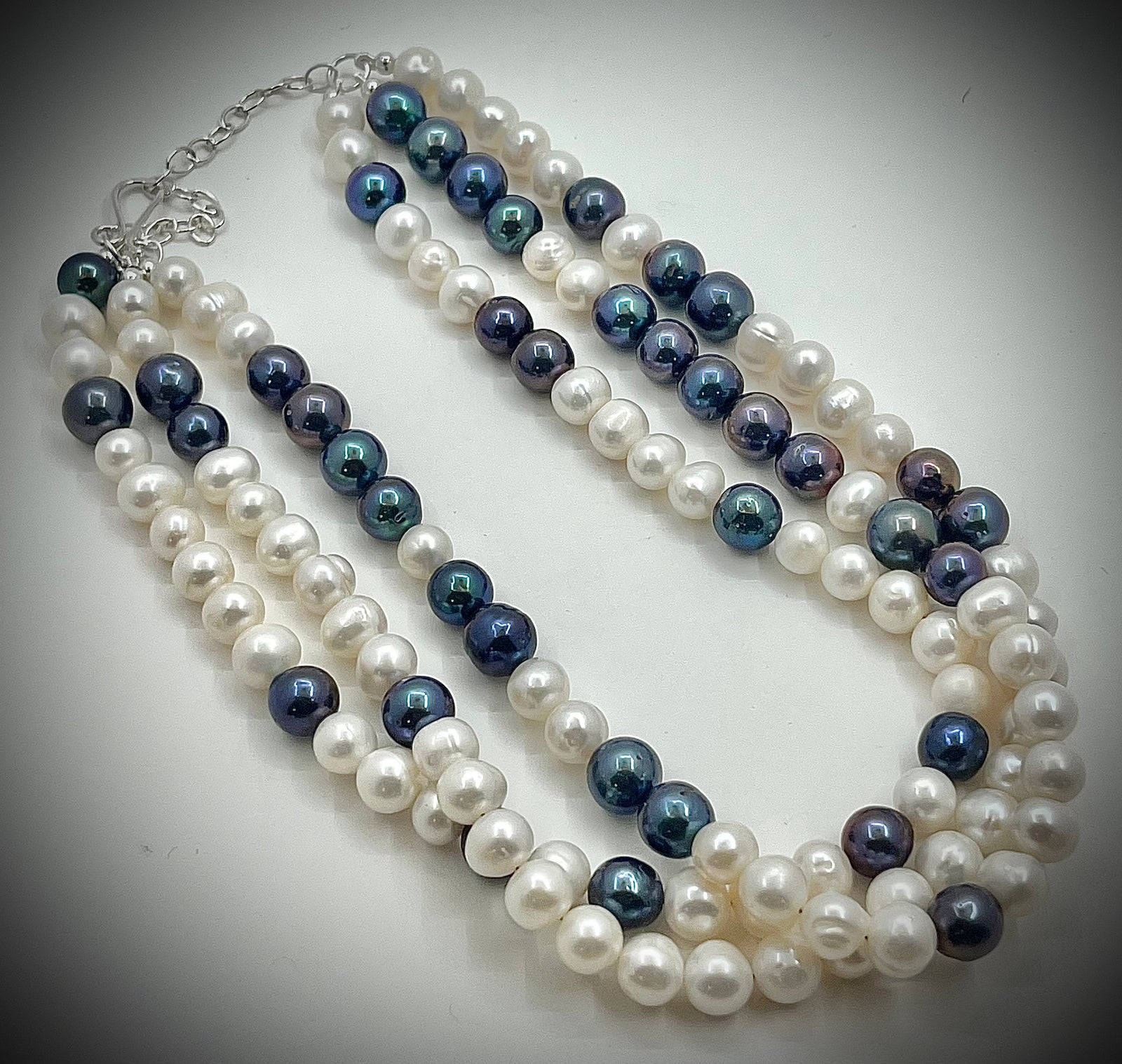 Triple Strand White and Peacock Pearl Necklace