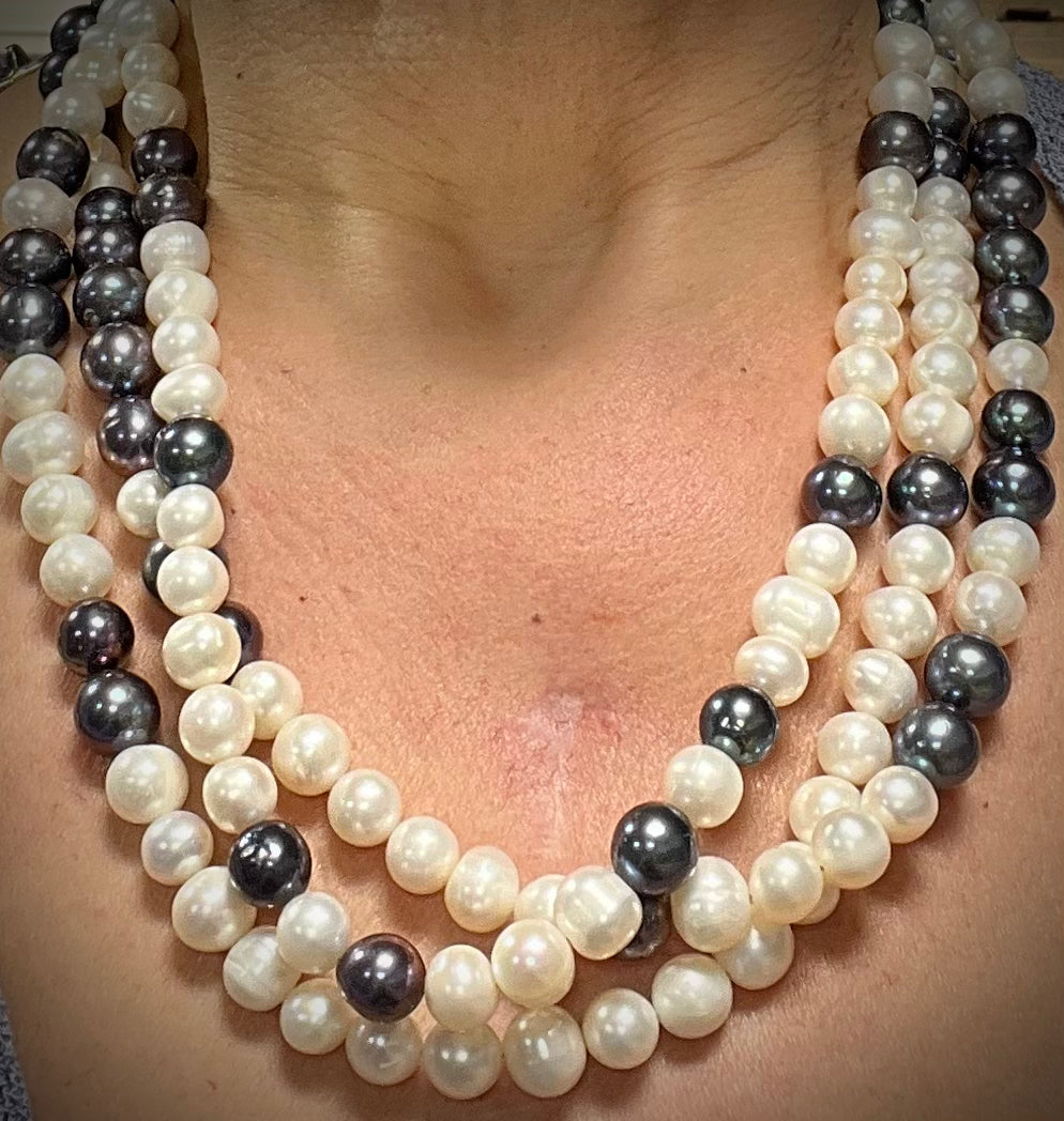Triple Strand White and Peacock Pearl Necklace
