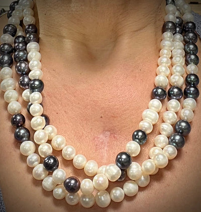 Triple Strand White and Peacock Pearl Necklace