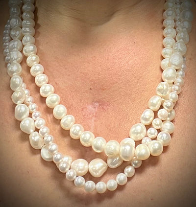 Triple Strand White Pearls on Black Silk Necklace