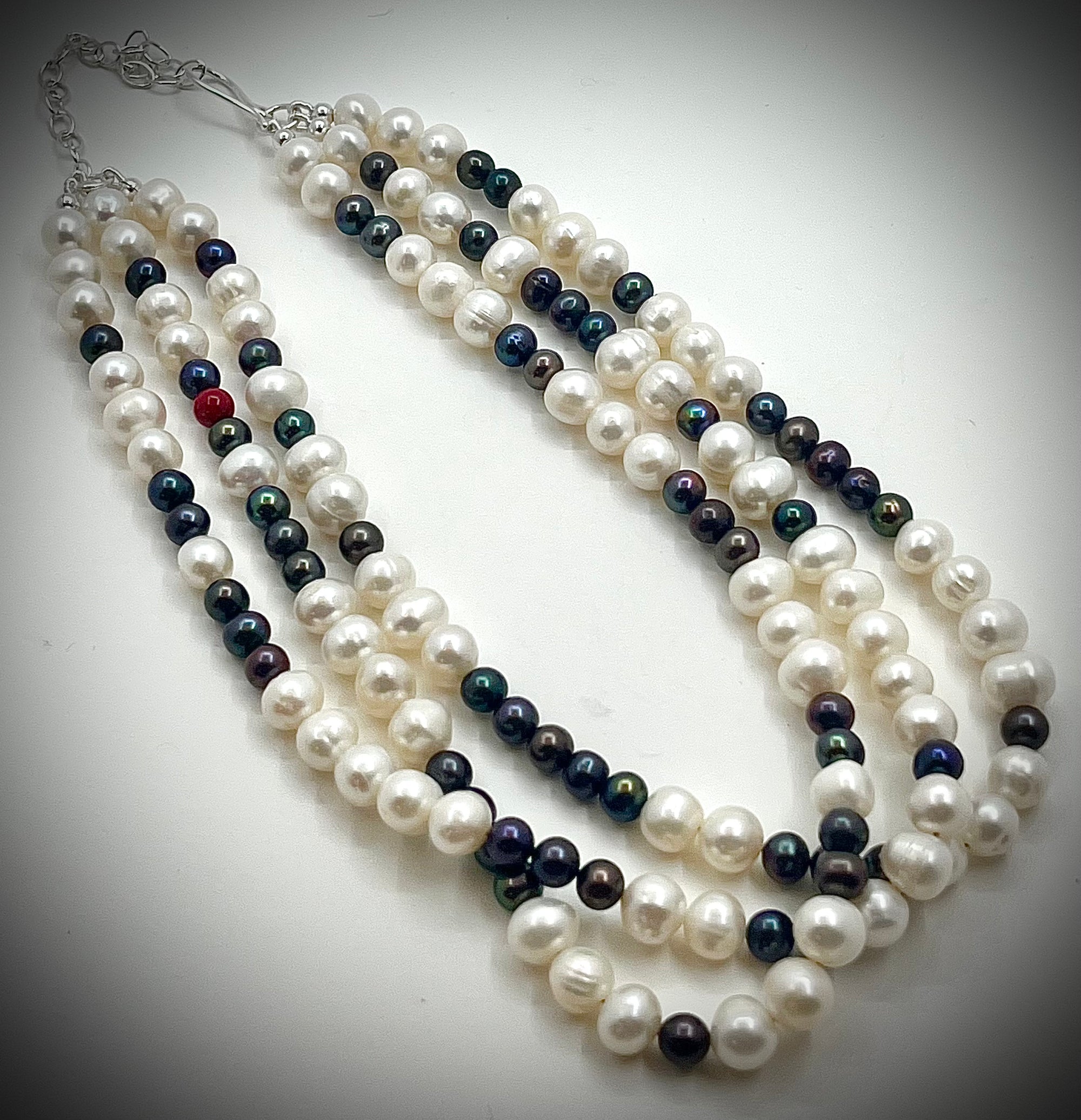 Triple Strand White and Peacock Pearl Necklace