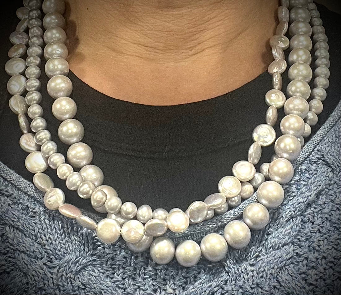 Triple Strand Grey Pearl Necklace