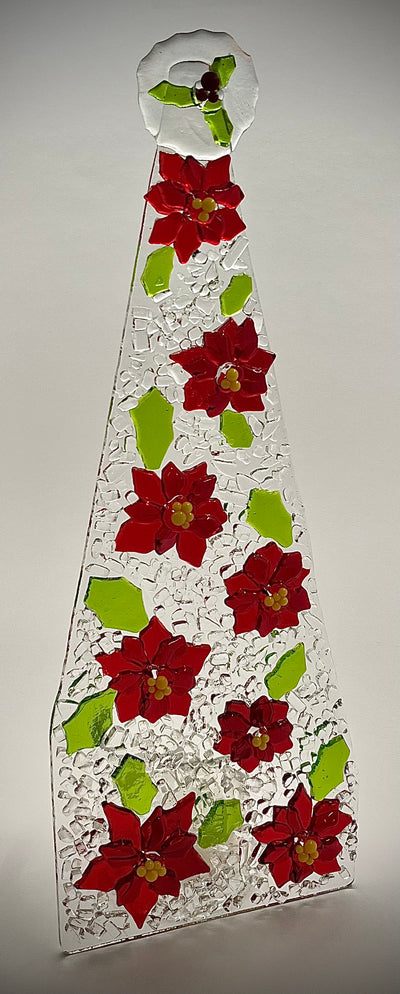 Fused Glass Xmas Tree Candle Holder with Pointsettas