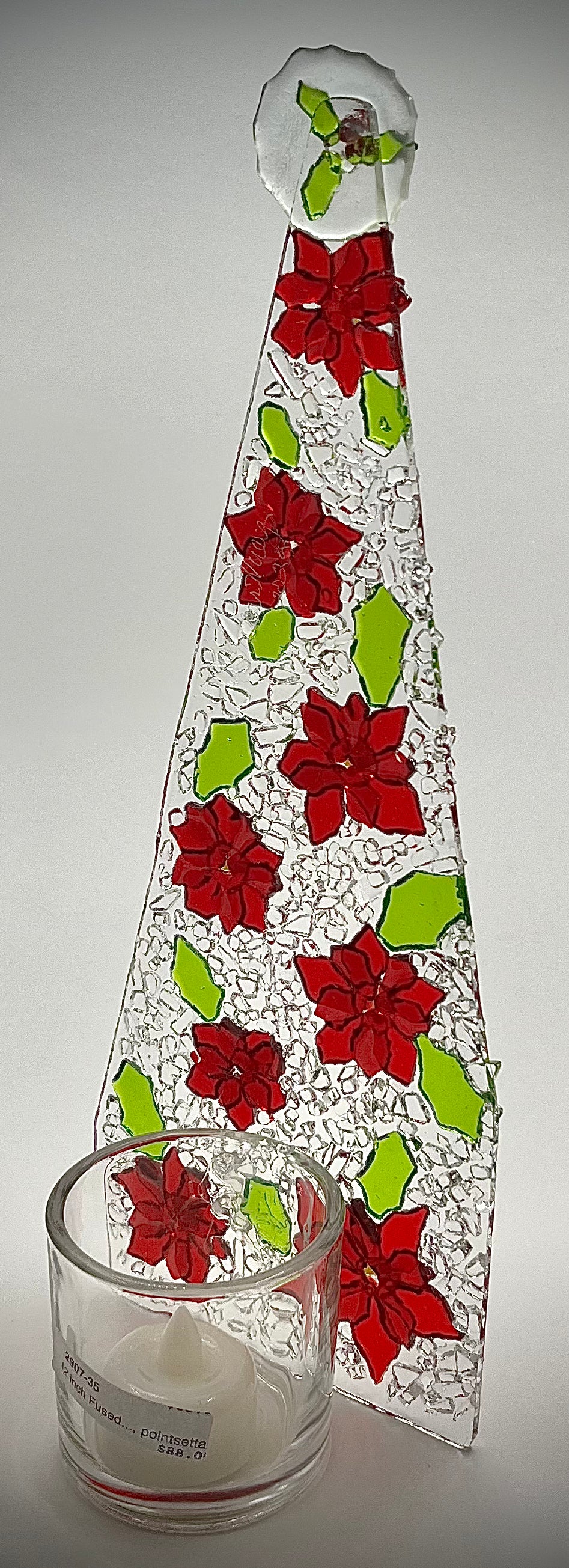 Fused Glass Xmas Tree Candle Holder with Pointsettas