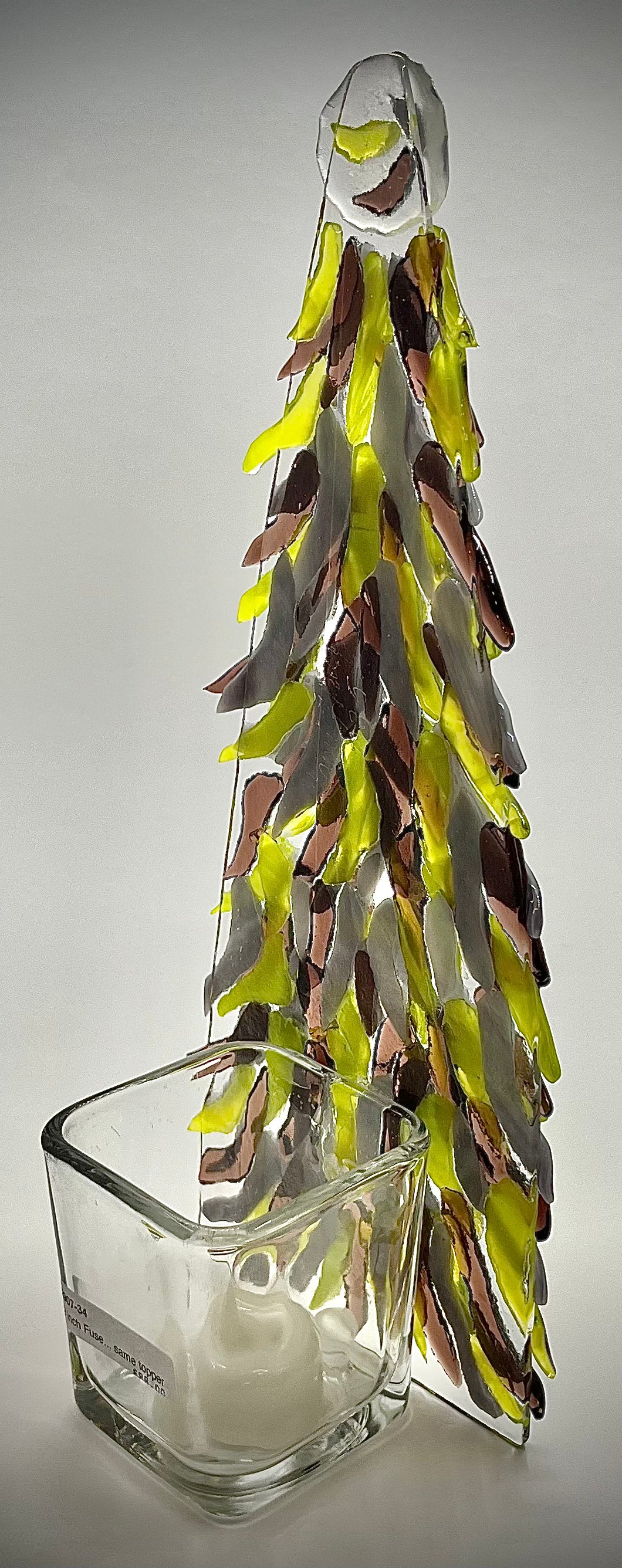 Fused Glass Xmas Tree Candle Holder with Green, Brown and Clear leaves