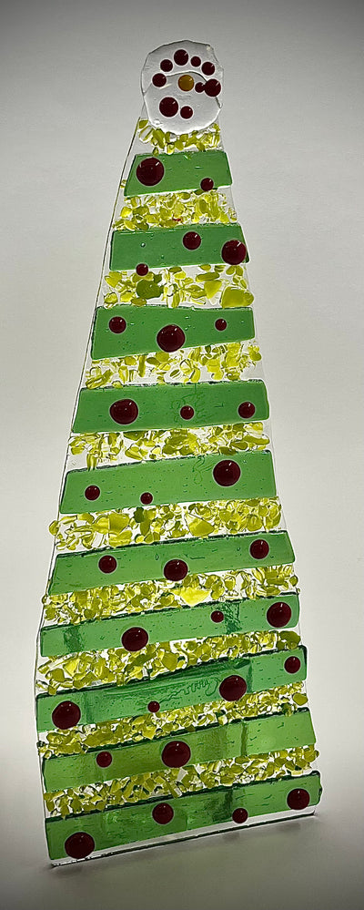 Fused Glass Xmas Tree Candle Holder in Light/Dark Green Stripes