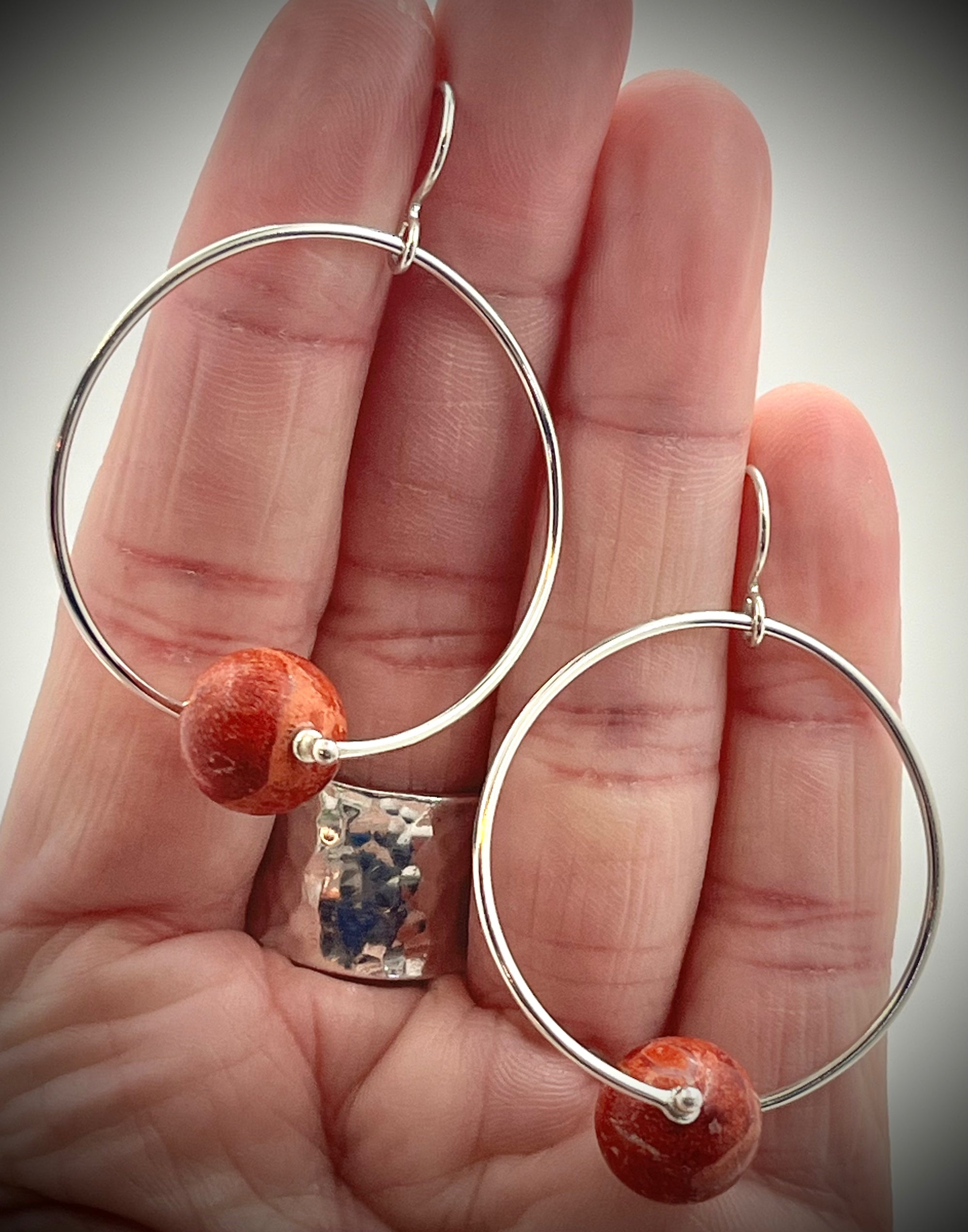 Sterling Twisted Hoop with Red Coral Bead