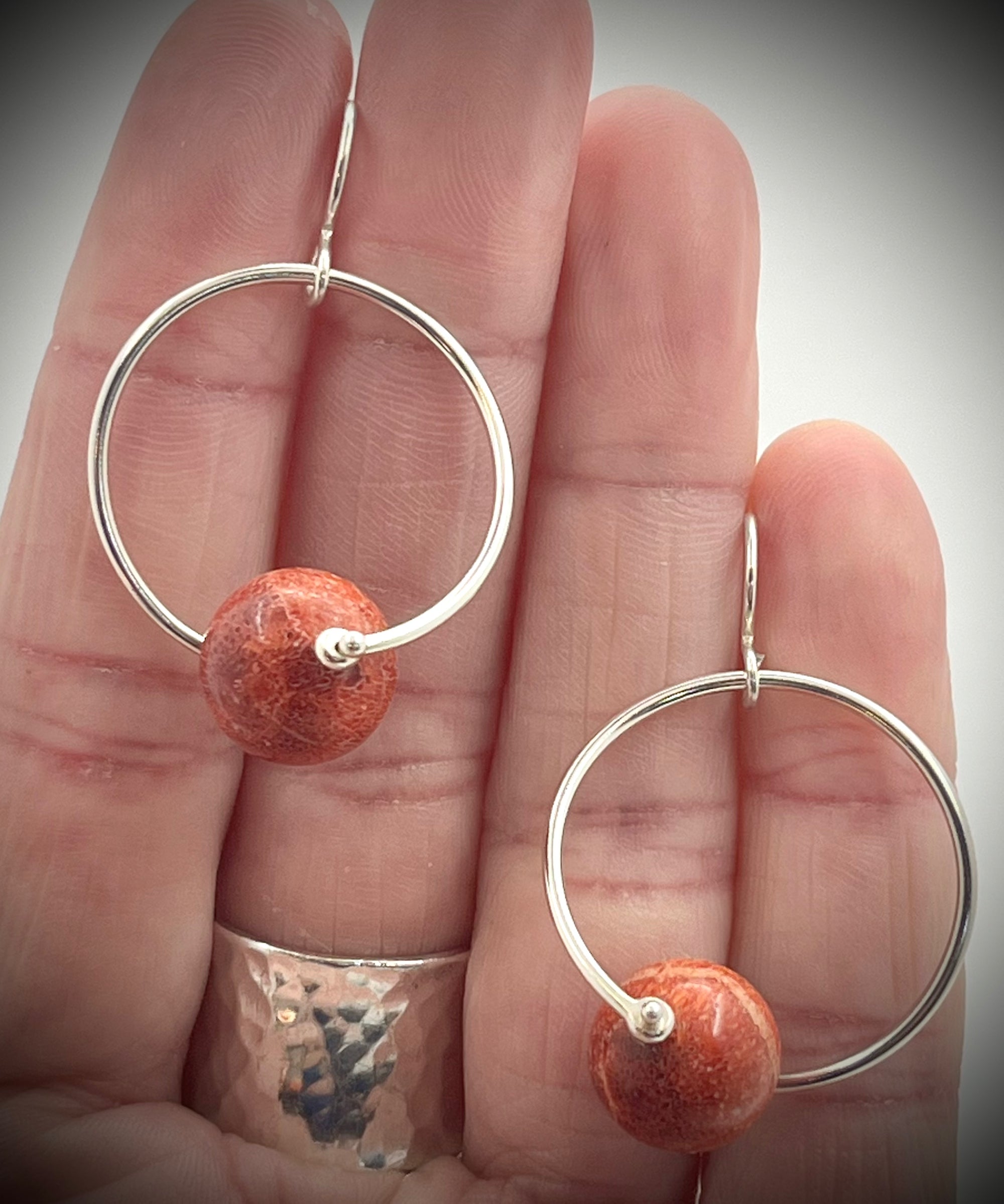 Sterling Twisted Hoop with Red Coral Bead