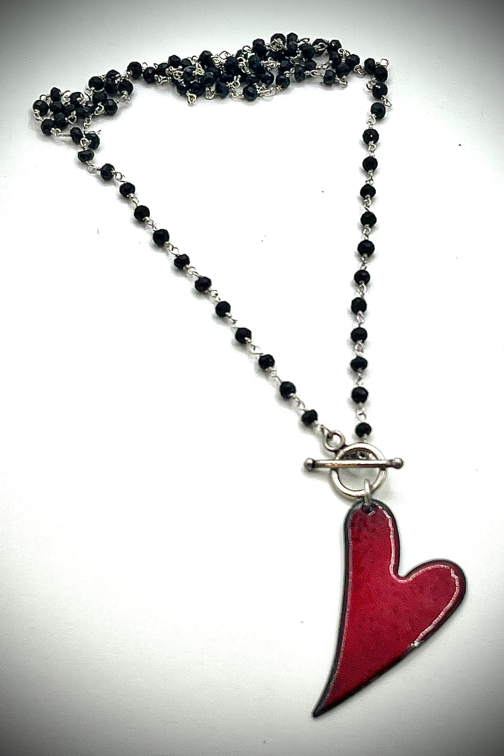 Red Enamel Heart with Beaded Onyx Necklace