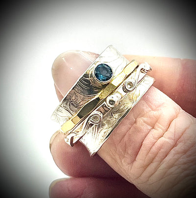 Silver and Gold Twiddle Ring with London Blue Topaz