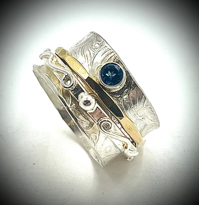 Silver and Gold Twiddle Ring with London Blue Topaz