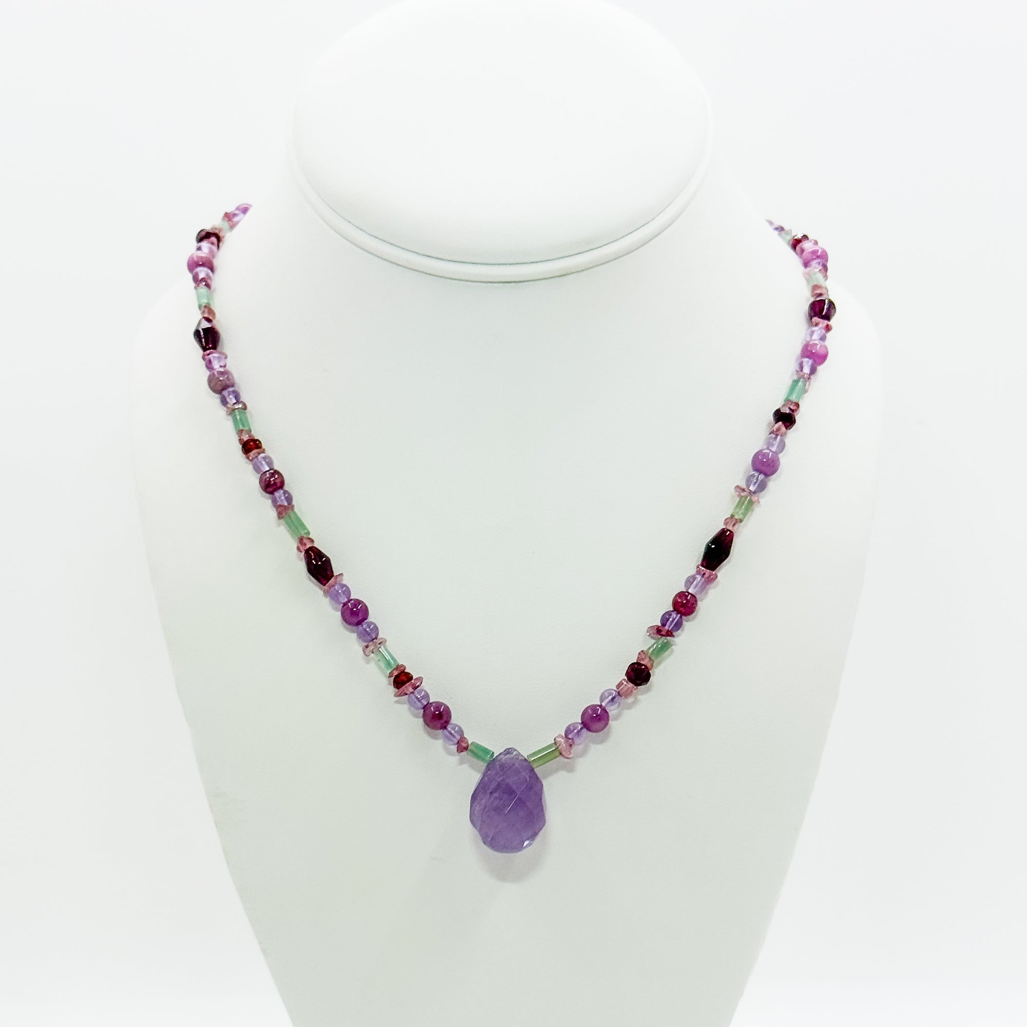 Amethyst, garnet and aqua accented beaded necklace