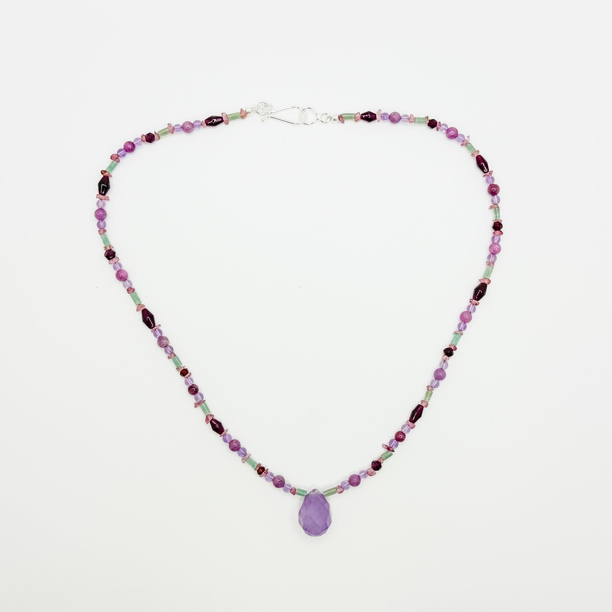 Amethyst, garnet and aqua accented beaded necklace