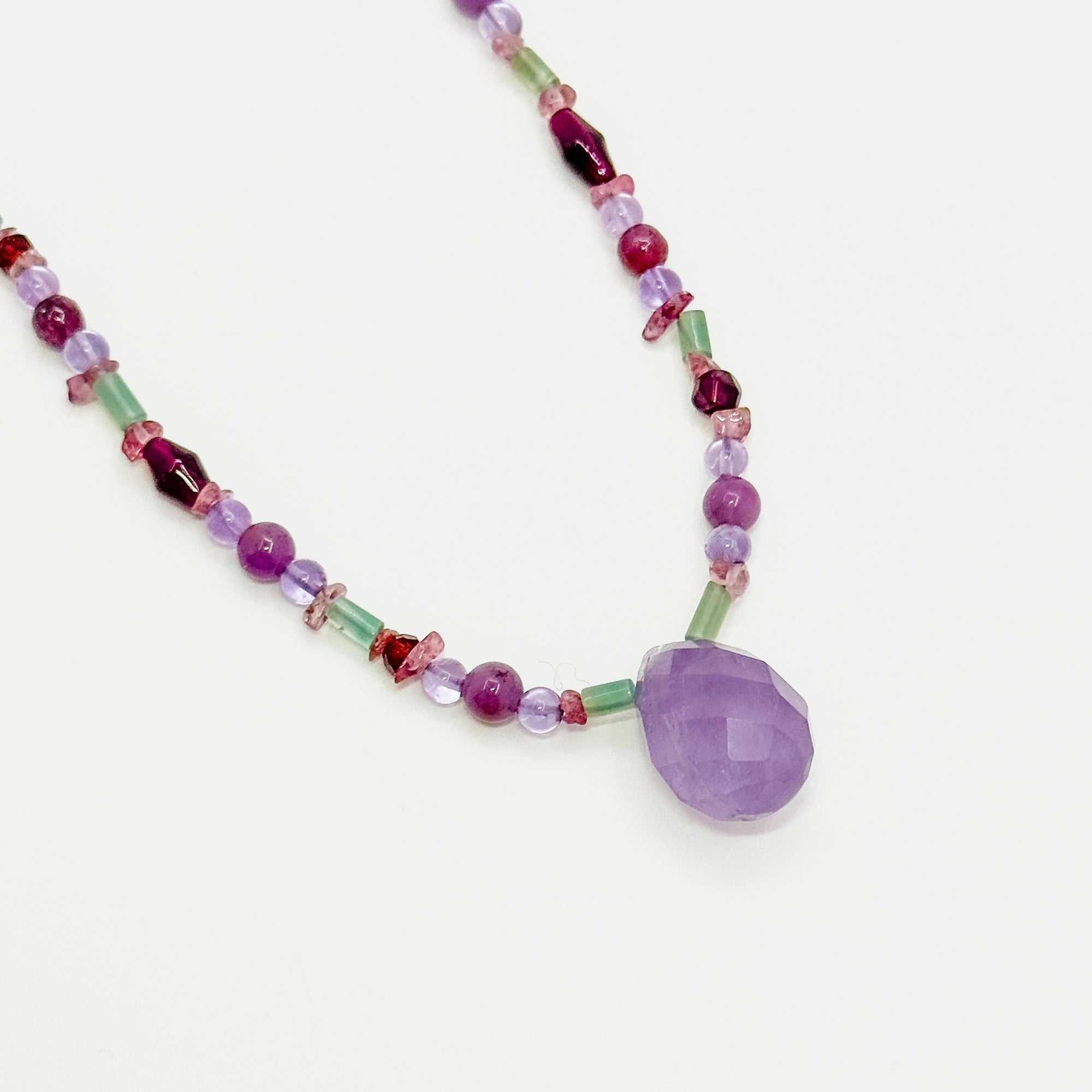 Amethyst, garnet and aqua accented beaded necklace