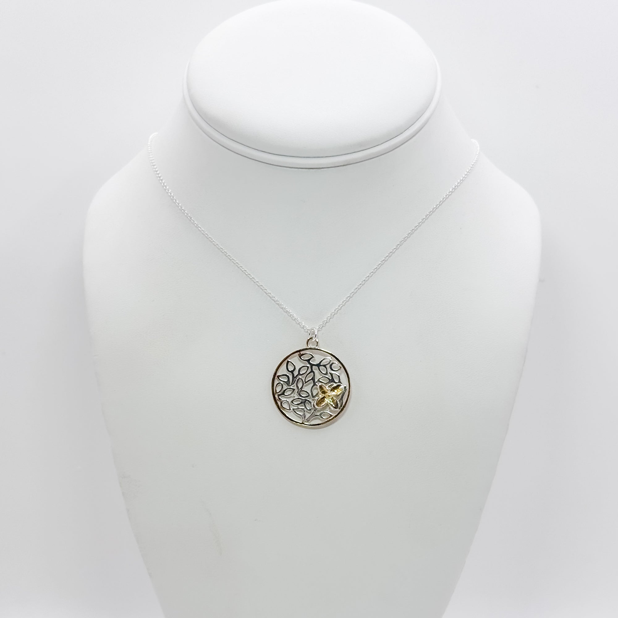 Round Petal Pendant with 2 tone Hydrangea Necklace