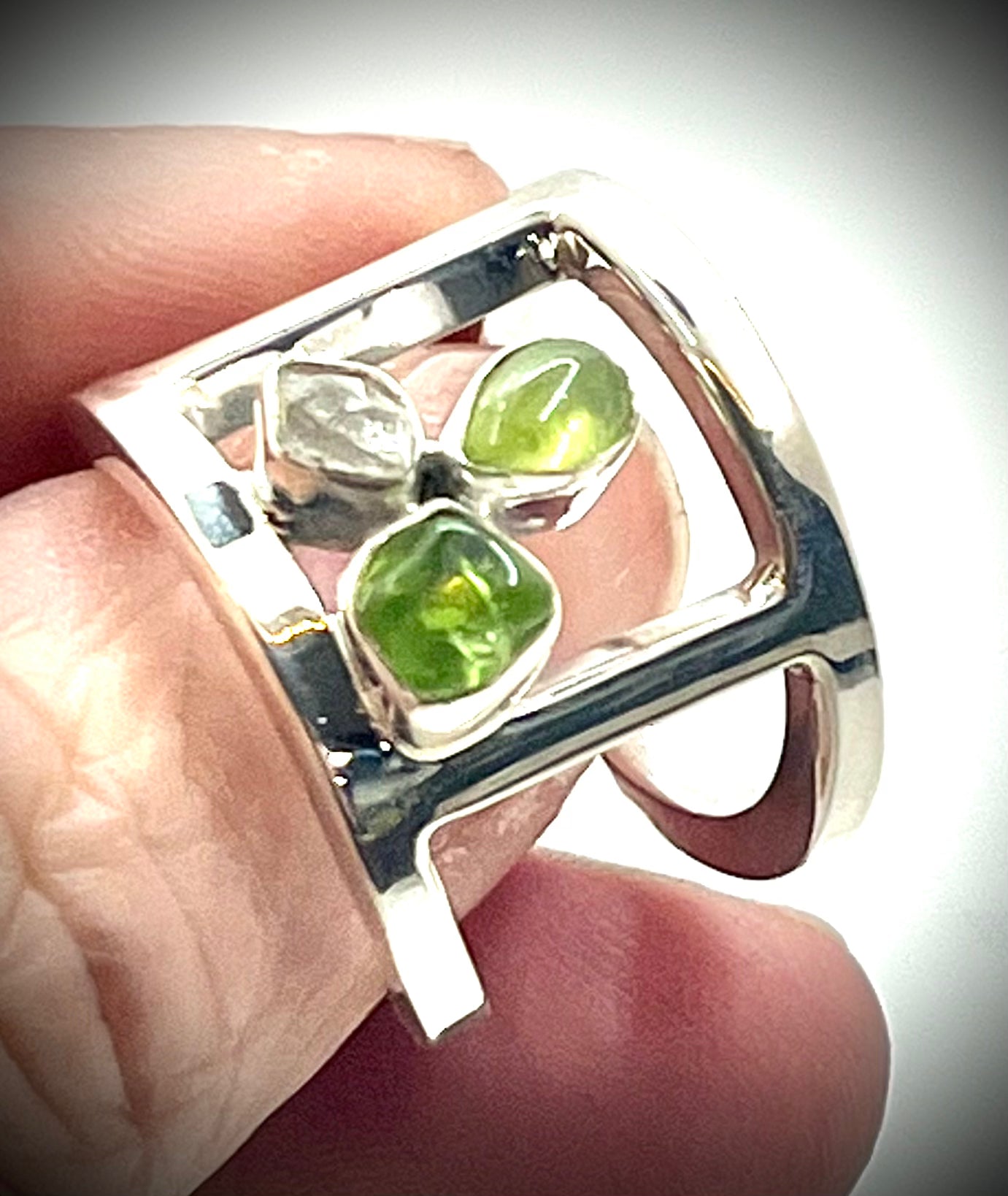 Peridot and Herkimer Open Band Ring