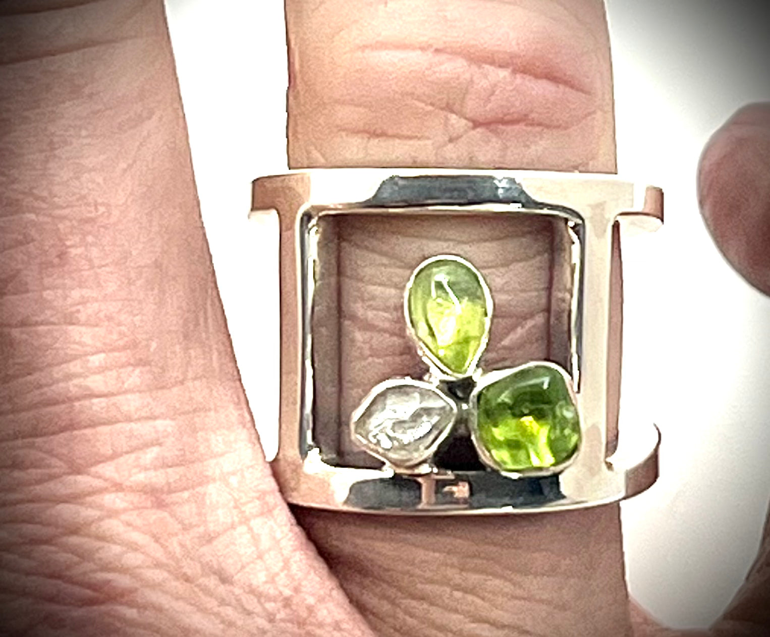 Peridot and Herkimer Open Band Ring