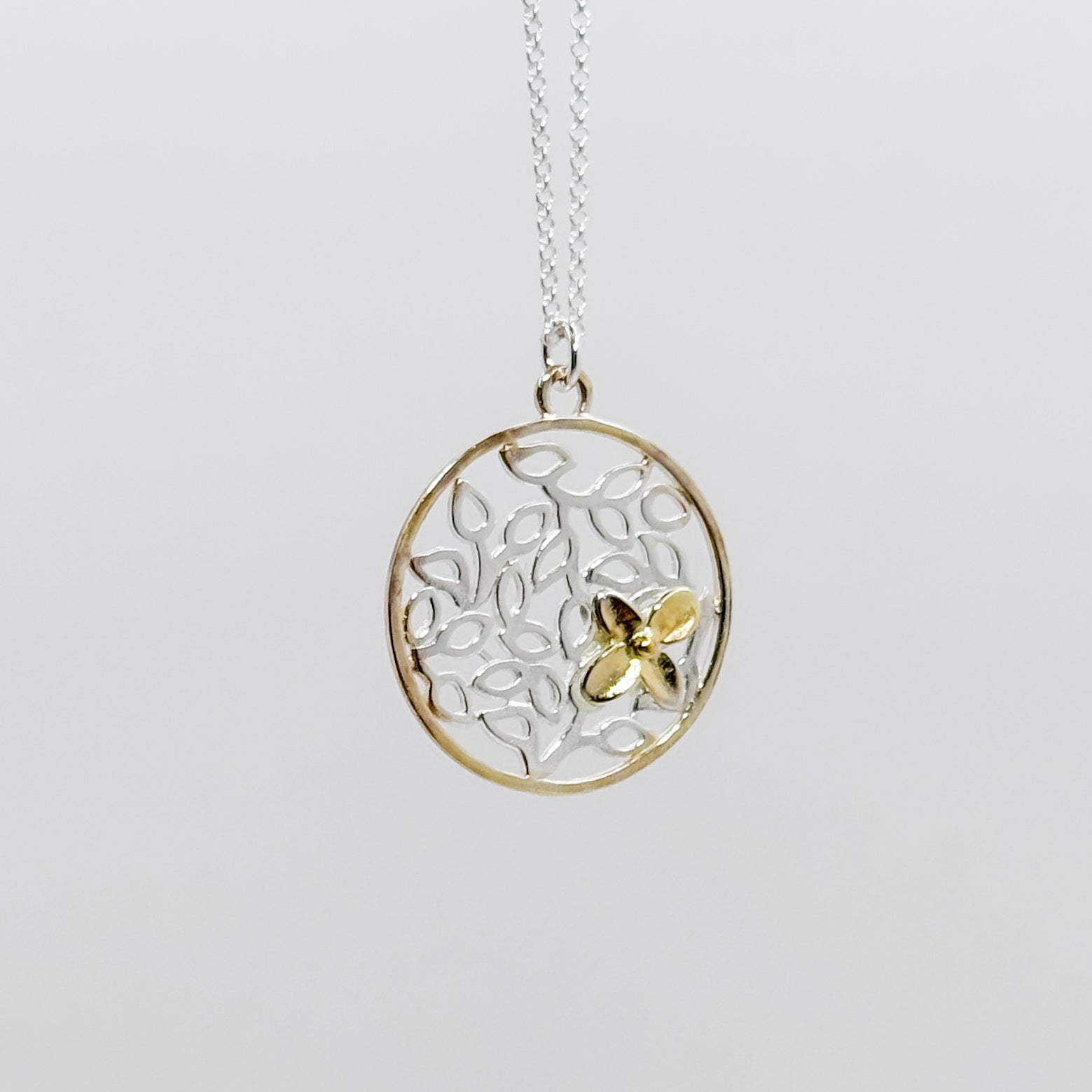 Round Petal Pendant with 2 tone Hydrangea Necklace