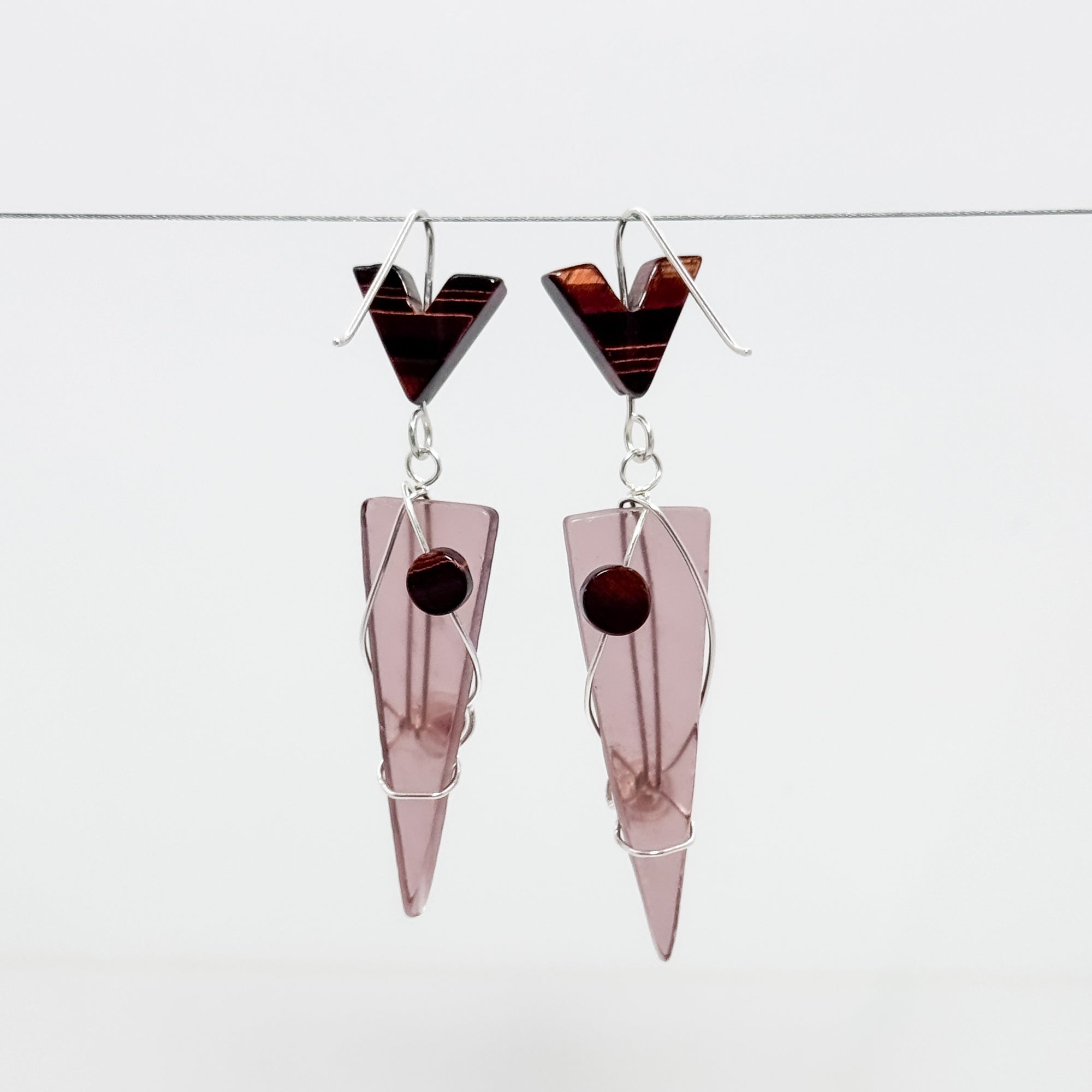 Long Triangle with red tiger eye earrings