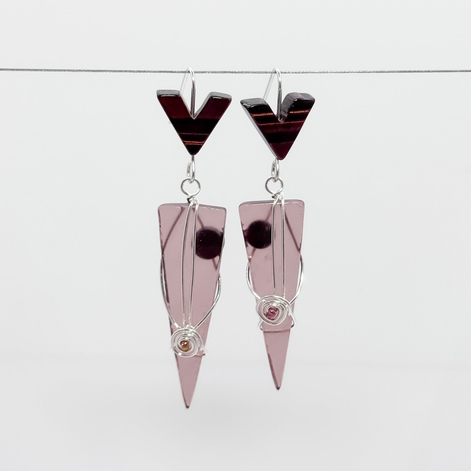 Long Triangle with red tiger eye earrings