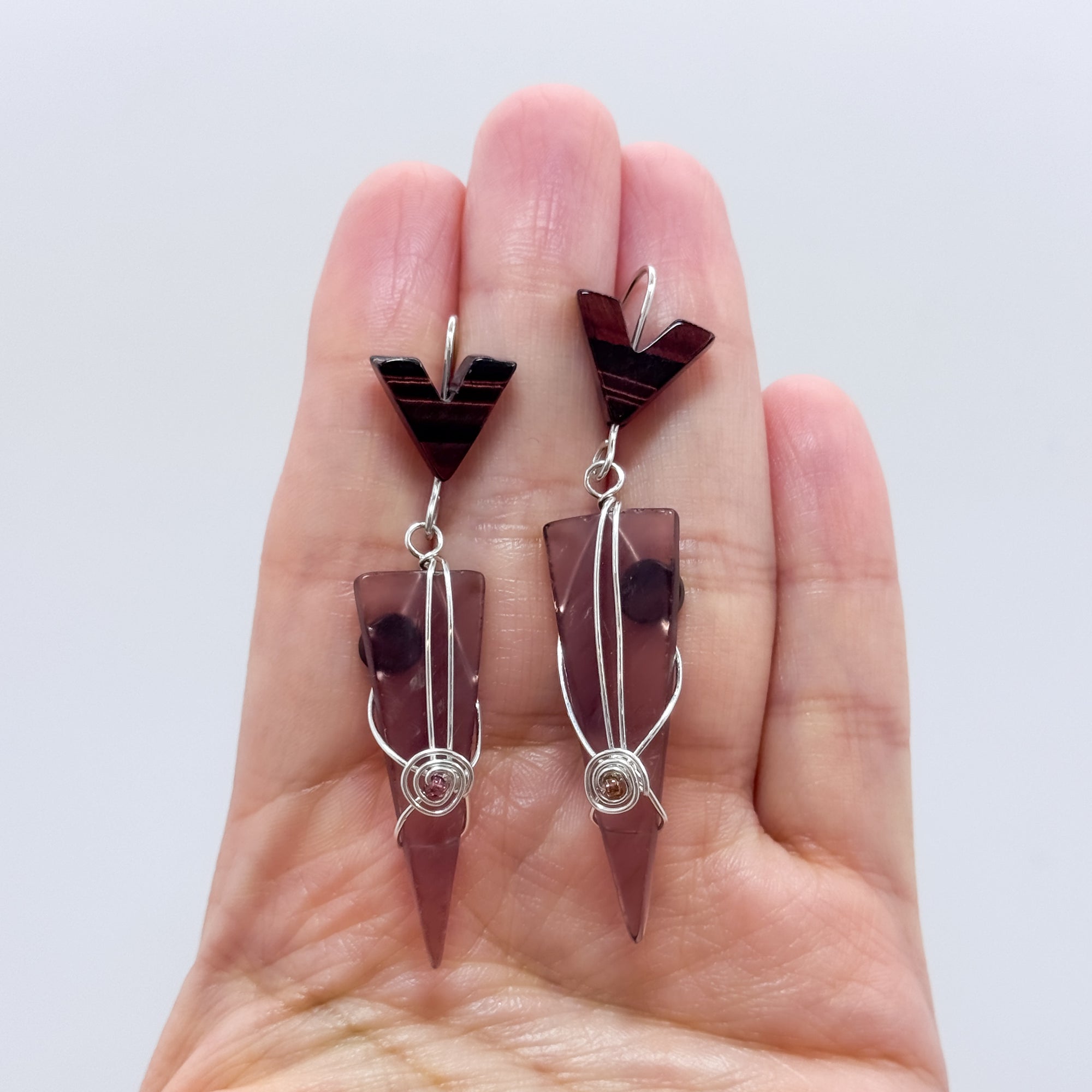 Long Triangle with red tiger eye earrings