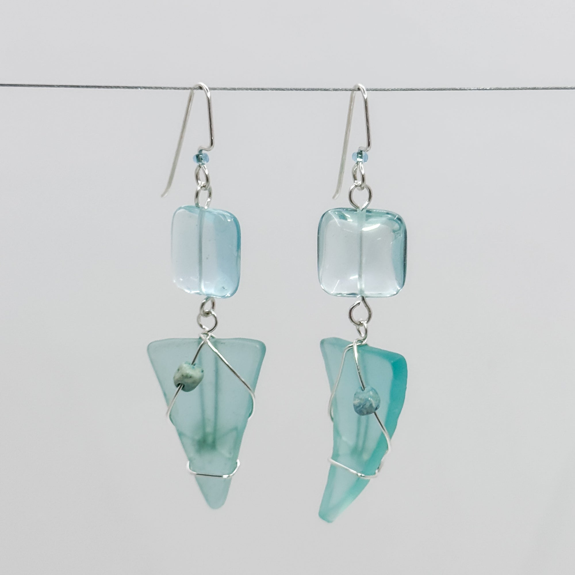 Aquamarine triangle with stones earrings