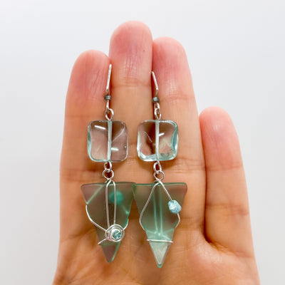 Aquamarine triangle with stones earrings