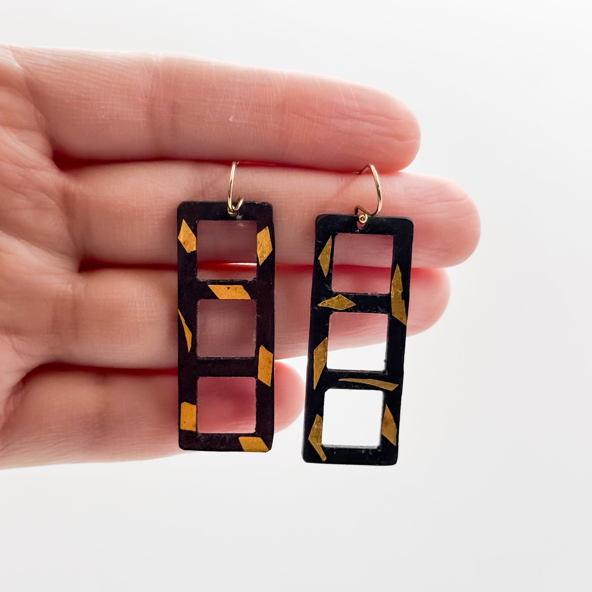 Steel + 24k Gold foil 3 window rectangle earrings