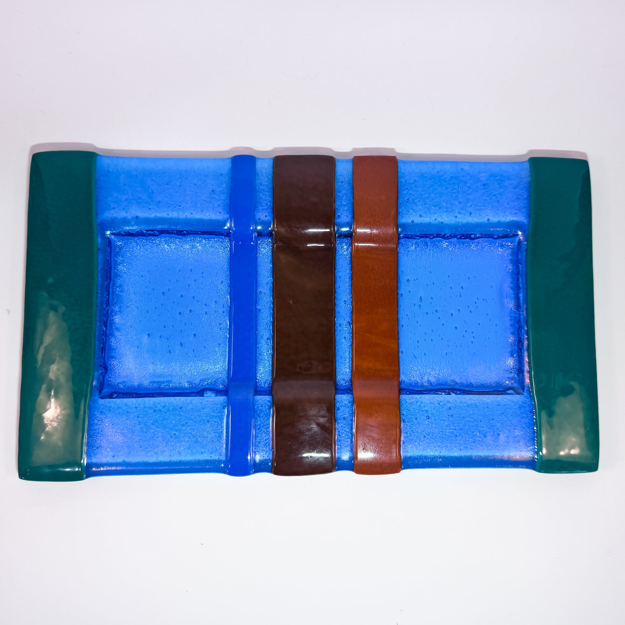 Turquoise tray with green, blue, brown, rust stripes