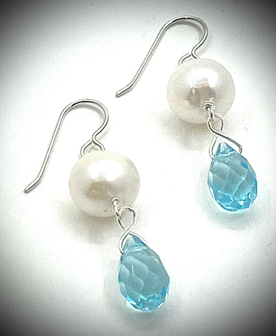 Swiss Blue Topaz Briolette and Pearl Earring