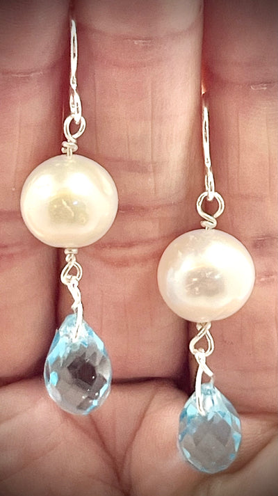 Swiss Blue Topaz Briolette and Pearl Earring
