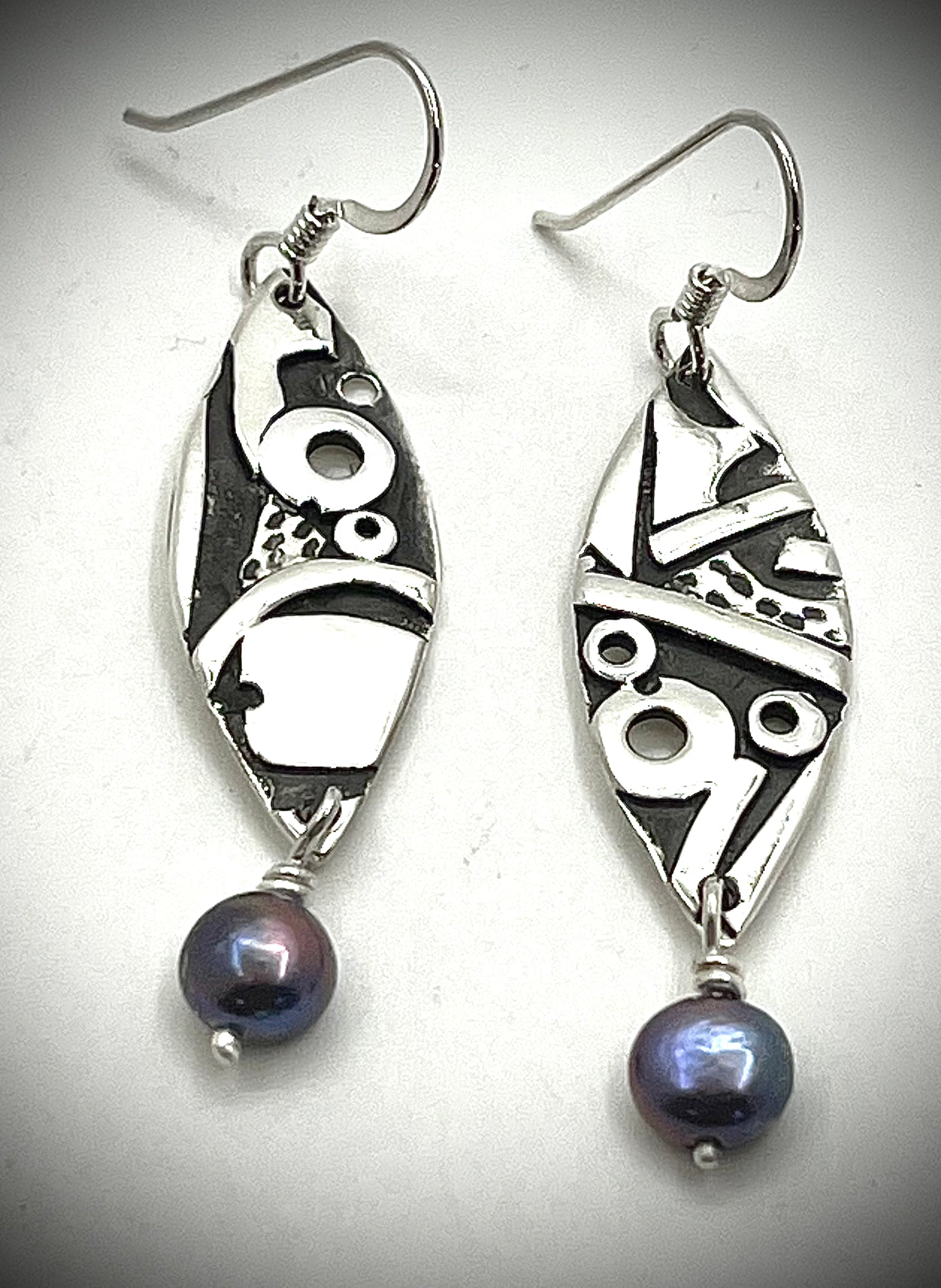 Abstract Silver Earrings with Peacock Pearls
