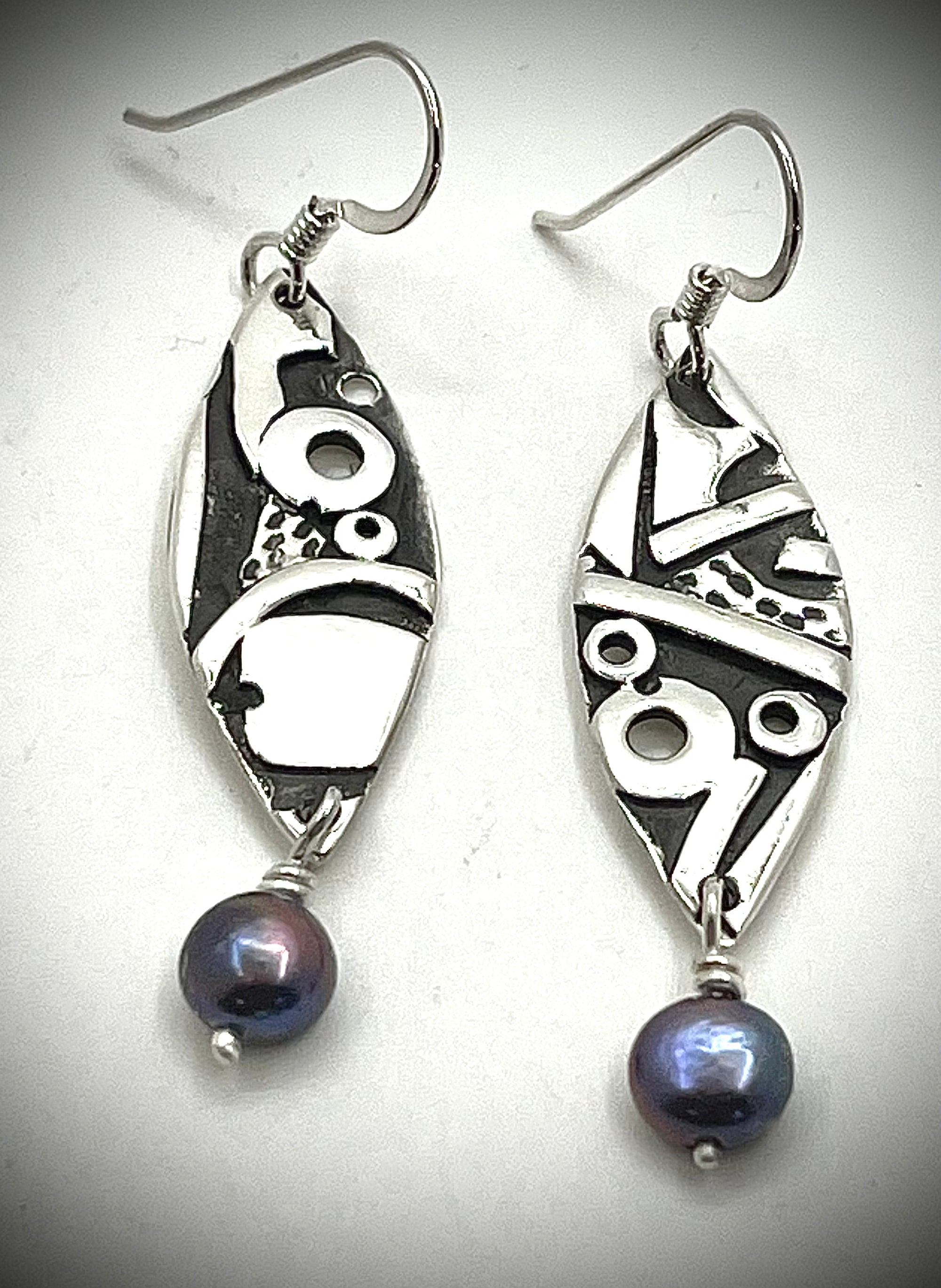 Abstract Silver Earrings with Peacock Pearls