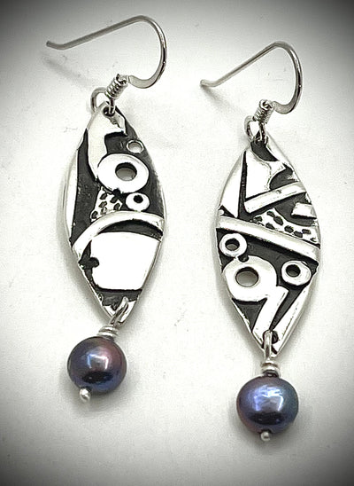 Abstract Silver Earrings with Peacock Pearls