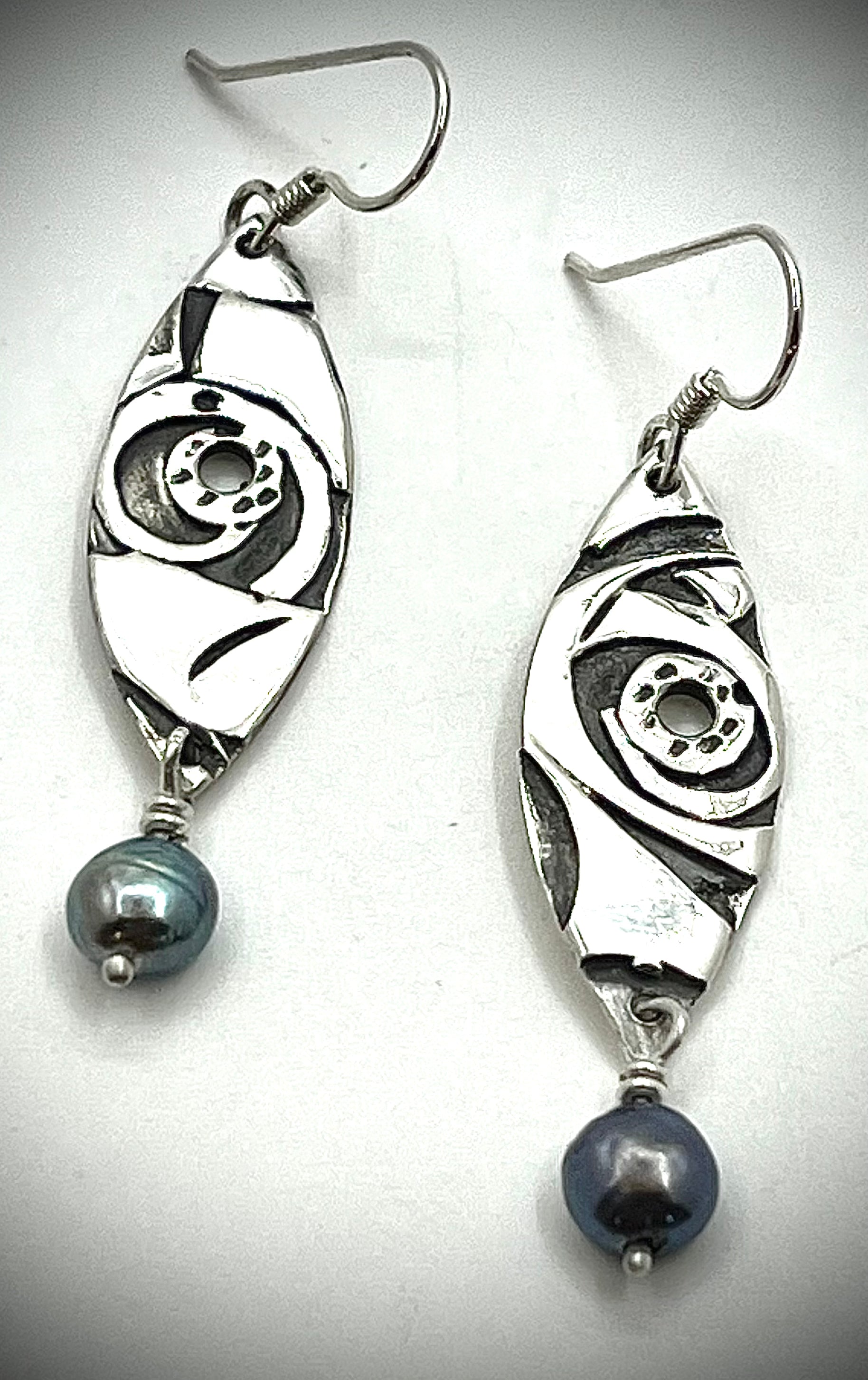 Abstract Silver Earrings with Peacock Pearls