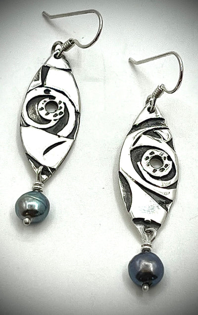 Abstract Silver Earrings with Peacock Pearls